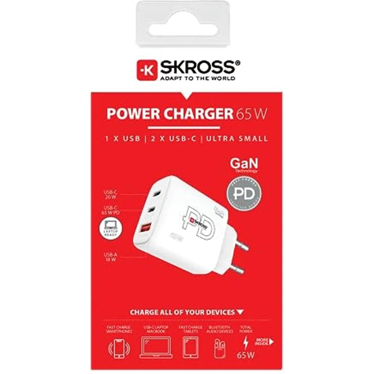 SKROSS - Power Charger 65W Gan EU - PC -Ladegerät, Tablet, Smarthone mit Schnellem Laden 65 W - Lader mit 3 USB -Geräten (USB 18W + USB C 20W + USB C 65W) mit EU -Sockel – Bild 3