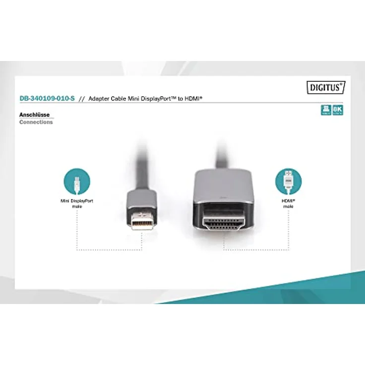 DIGITUS 8K Mini DisplayPort zu HDMI Adapterkabel - Displayport 1.4 - HDMI 2.1-8K/60Hz - Plug&Play - vergoldete Kontakte - 1m - Schwarz – Bild 3