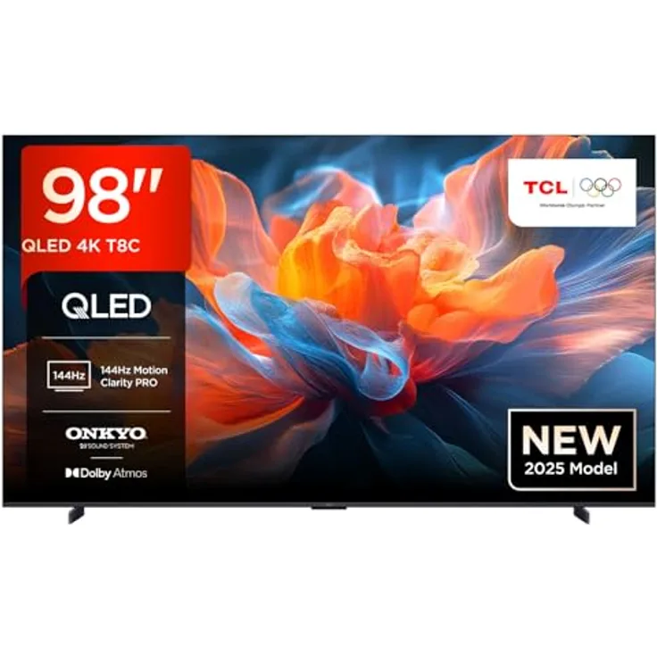 TCL 98T8C, 98 Zoll QLED 4K HDR Ultra HD Smart TV mit Google TV, Dolby Vision & Atmos, 144Hz Motion Clarity Pro, FreeSync, Onkyo 2.1 Sound, Sprachsteuerung