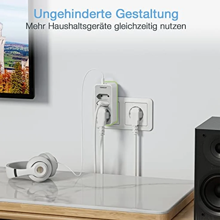 TESSAN Doppelstecker für Steckdose, 5 in 1 Mehrfachstecker für Steckdose, Steckdosenadapter 3Fach mit 2 USB Steckdose, dreifachsteckdose für doppelsteckdose mit USB Stecker, Grau, für Schulanfang – Bild 4