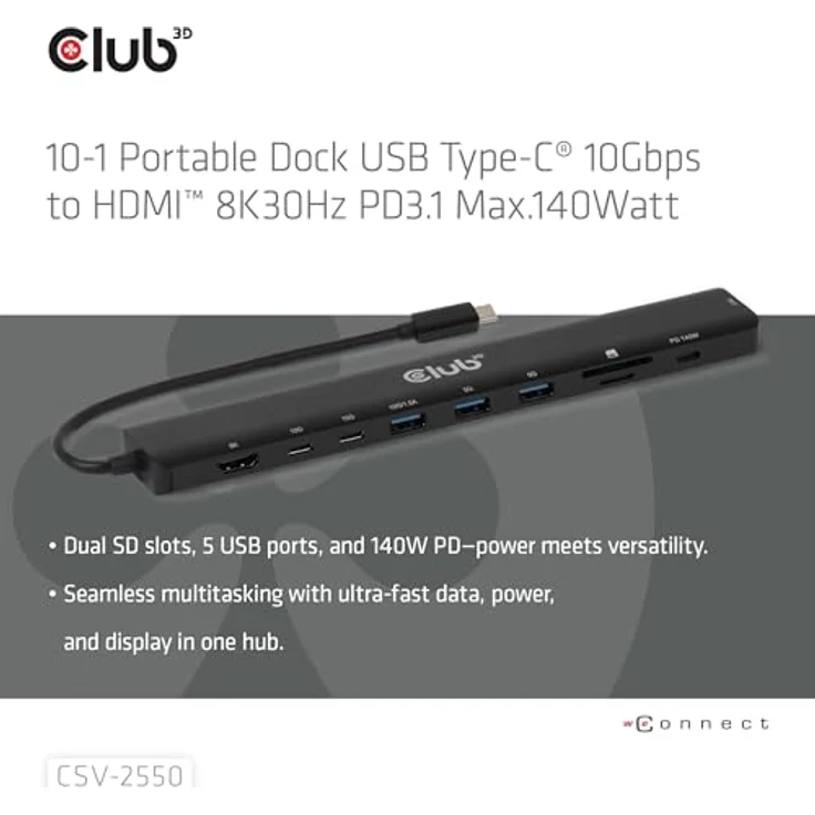 Club 3D Tragbare Dockingstation USB-C mit 2x USB-C, 3x USB-A, HDMI 8K, SD/TF Kartensteckplätzen, 140W Power Delivery, 2.5G Ethernet – Bild 3