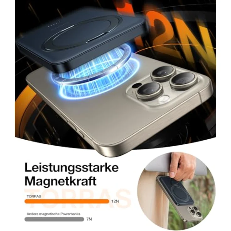 TORRAS Dünn Power Bank für Magsafe Powerbank Klein 5000mAh mit 360° Ostand Ring für iPhone 15/14/13/12 Serie Magnetische Wireless Slim Externe Handyakkus USB C Schnelles Laden - Schwarz – Bild 5