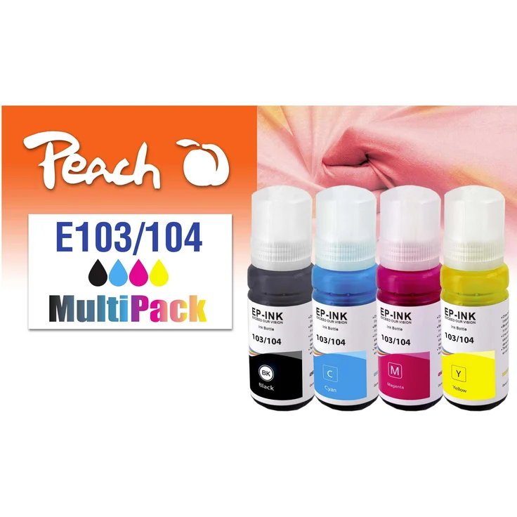 Peach Druckerpatrone Tinte Epson CISS 103/104 Multi-Pack, Schwarz, Cyan, Magenta, Gelb, hohe Reichweite bis 7500 Seiten, entwickelt in der Schweiz