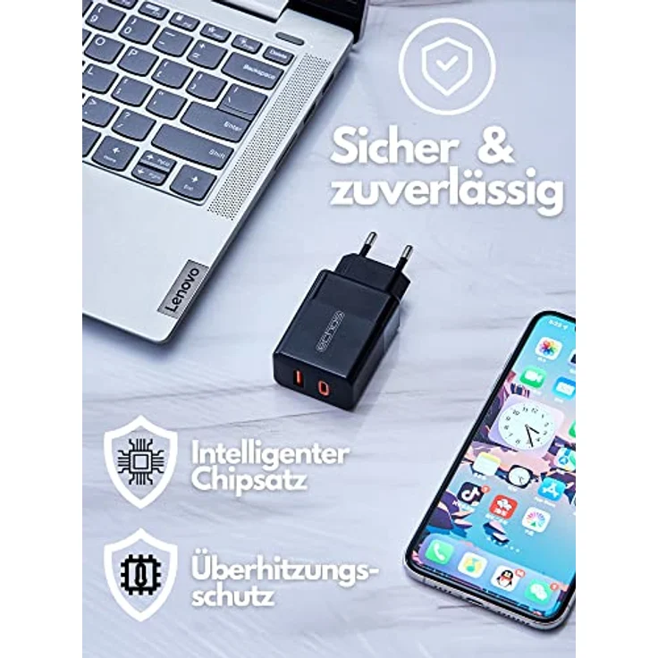 Echos 25W Dual Port Ladegerät, USB C & USB A Schnellladegerät mit PD QC 3.0 Unterstützung für iPhone, Samsung Galaxy, iPad und mehr, Schwarz – Bild 3