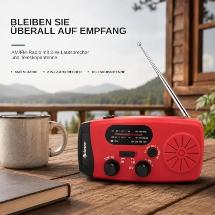 DENVER SCR-2007, Notfallradio mit Solar- und Dynamo-Antrieb, 2000 mAh Powerbank, FM, rot – Bild 3