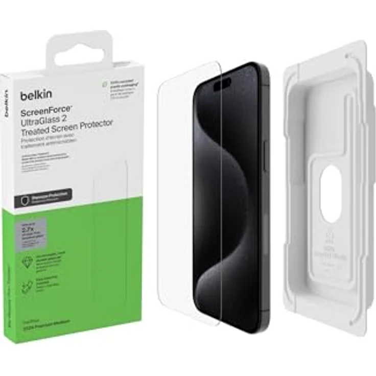 Belkin ScreenForce UltraGlass 2 Schutzfolie für iPhone 16 Pro, kratzfest, kristallklar, dünnes Glas, blasenfreie Anbringung, 9H Härte – Bild 1