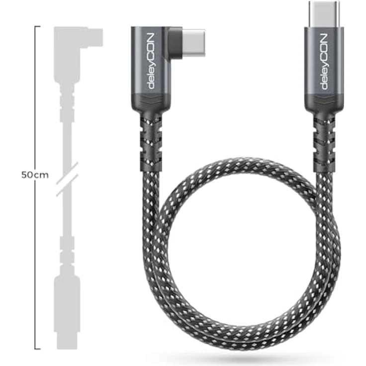 deleyCON 0,5m 240W USB-C Winkelkabel (Schnellladekabel) mit PD 3.0 für iPhone 17/16/15, Galaxy A16/A56/S25/S24/S23, Pixel, iPad, MacBook, AirPods, Tablet, Carplay, PS5 – Bild 3