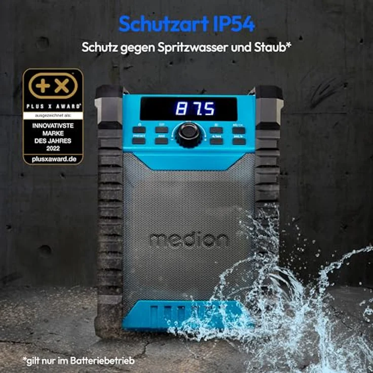 MEDION E65895 Baustellenradio mit Akku (Robustes Gehäuse, Tragegriff, Bluetooth, Spritzwassergeschützt (IP54), UKW Radio, AUX) grün – Bild 5