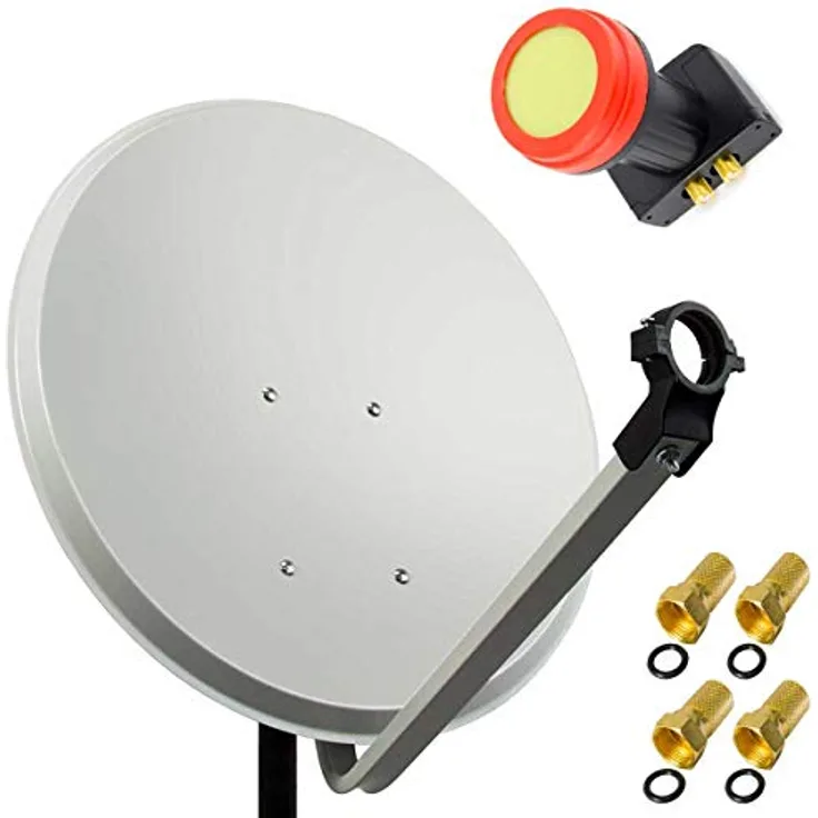 PremiumX 60cm Satellitenschüssel, Stahl Hellgrau mit Twin LNB und 4x F-Stecker für optimalen Empfang in HD, 4K und 3D