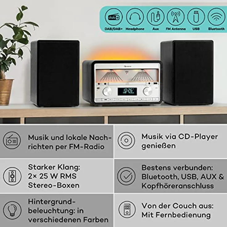 Auna DAB Radio CD-Player für Zuhause, FM/DAB/DAB+ Radio mit Bluetooth und AUX, 25W Abnehmbare Micro-Lautsprecher, LCD-Display, Fernbedienung, MP3, USB & Musik-Streaming, DAB Radio Netzbetrieben, Silber – Bild 2
