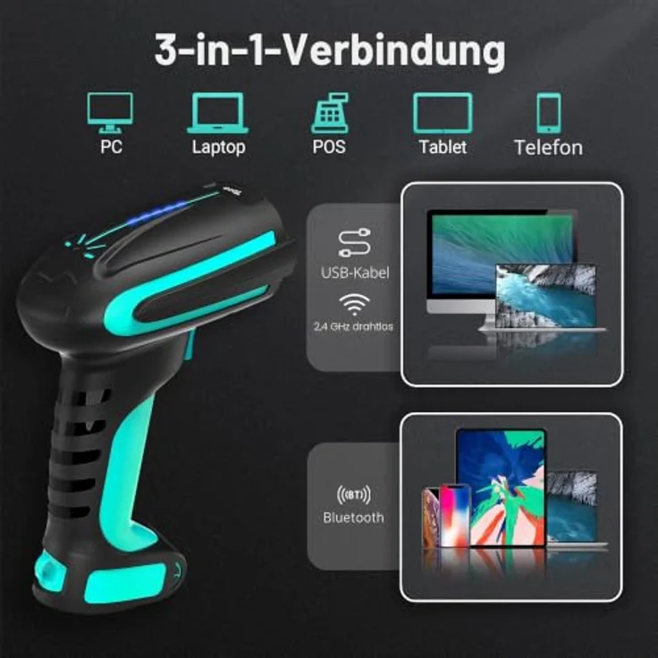 Tera Pro 3 in 1 Barcodescanner 1D/2D QR, kabellos Bluetooth & USB-C, 2500mAh Akku, exzellente Fallfestigkeit IP66, blau – Bild 4