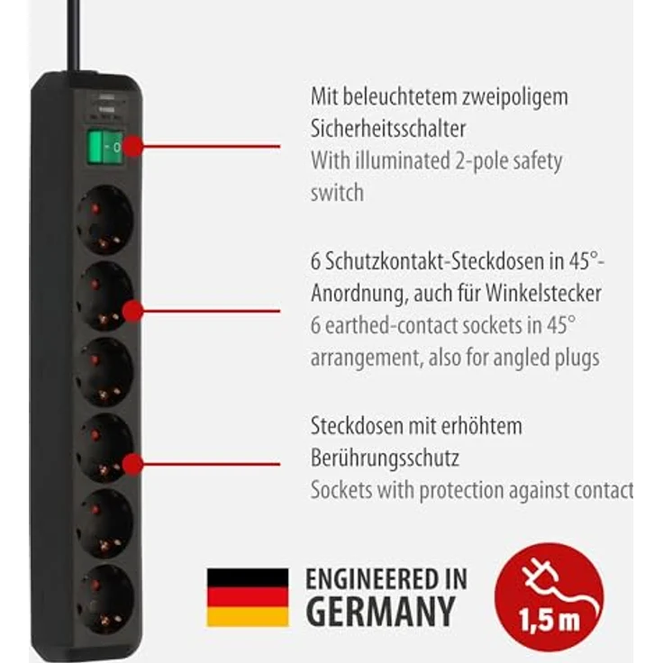 Brennenstuhl Eco-Line, Steckdosenleiste 6-fach (Steckerleiste mit erhöhtem Berührungsschutz, Schalter und 1,5m Kabel) schwarz – Bild 2