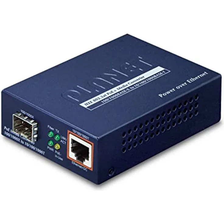 Planet 802.3at PoE Media Converter SFP 10/100/1000Base-T to SFP Open Slot Incl. PSU Without SFP Module, IEEE 802.3af/at Standard, Mid-Span PSE, 1-Port RJ45-Schnittstelle