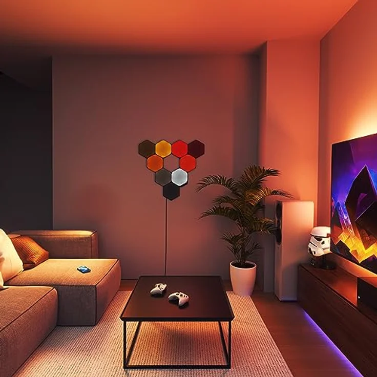 Nanoleaf Shapes Ultra Black Hexagon Starter Kit, 9 Smarten LED Panels RGBW - Modulare WLAN 16 Mio. Farben Wandleuchte Innen, Musik & Bildschirm Sync, Funktioniert mit Alexa Google Apple – Bild 3
