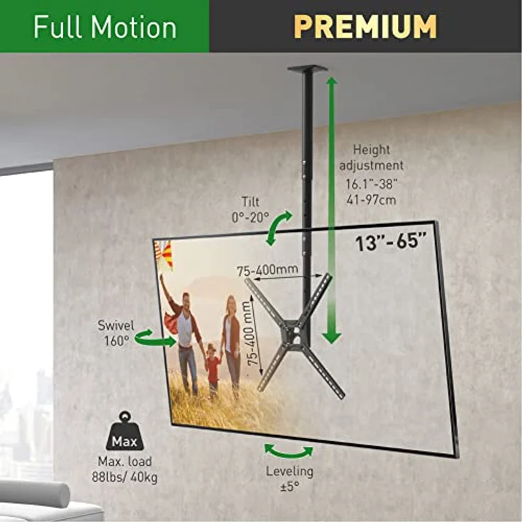 Barkan 97cm Lange TV Deckenhalterung, 29 - 65 Zoll Neigbar / Vollbewegung flach & Curved Fernseher TV Halterung, hält bis 40Kg,Teleskop Höhen-verstellbare , für LED OLED LCD, Max. VESA 400x400, 3500B – Bild 2