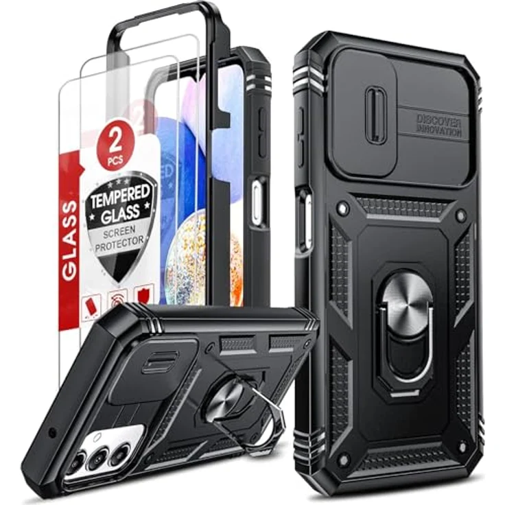 LeYi Handyhülle für Samsung Galaxy A14 5G, Stoßfestes Hardcase mit 2 Schutzfolien, 360 Grad Ständer und Kameraschutz, Schwarz – Bild 1