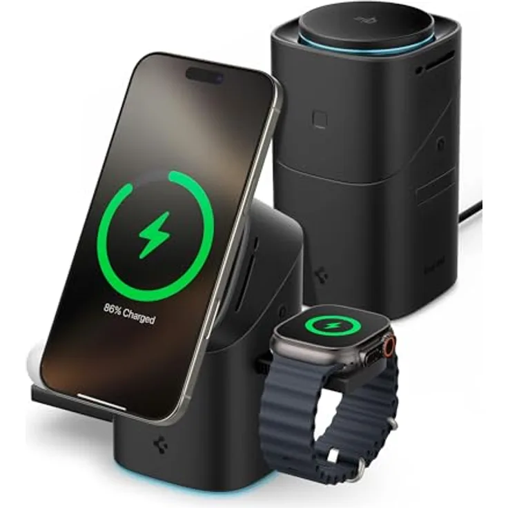 Spigen Essential Qi2 15W 3-in-1 MagSafe Ladestation, Schnellladung mit Touch-Steuerung & 360°-Drehhalterung, kompatibel mit iPhone 17/16/15/14/13/12 (Pro/Max/Air), Apple Watch (SE), AirPods (Pro 2/4)