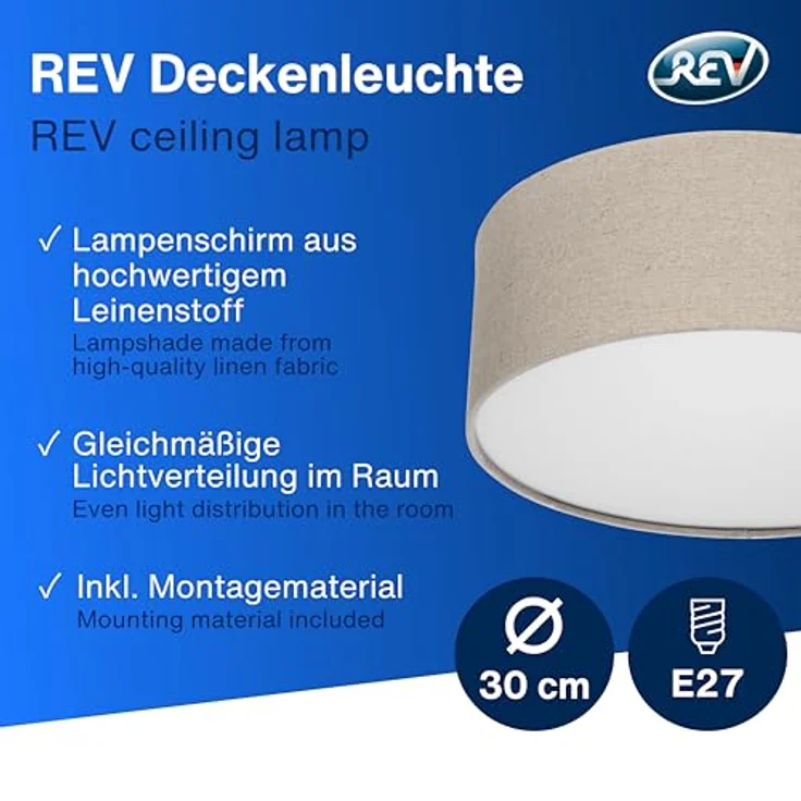 REV Deckenleuchte - Deckenlampe rund 30cm mit Stoff-Lampenschirm im Vintage-Look, taupe, ideal für Schlafzimmer & Wohnzimmer – Bild 2