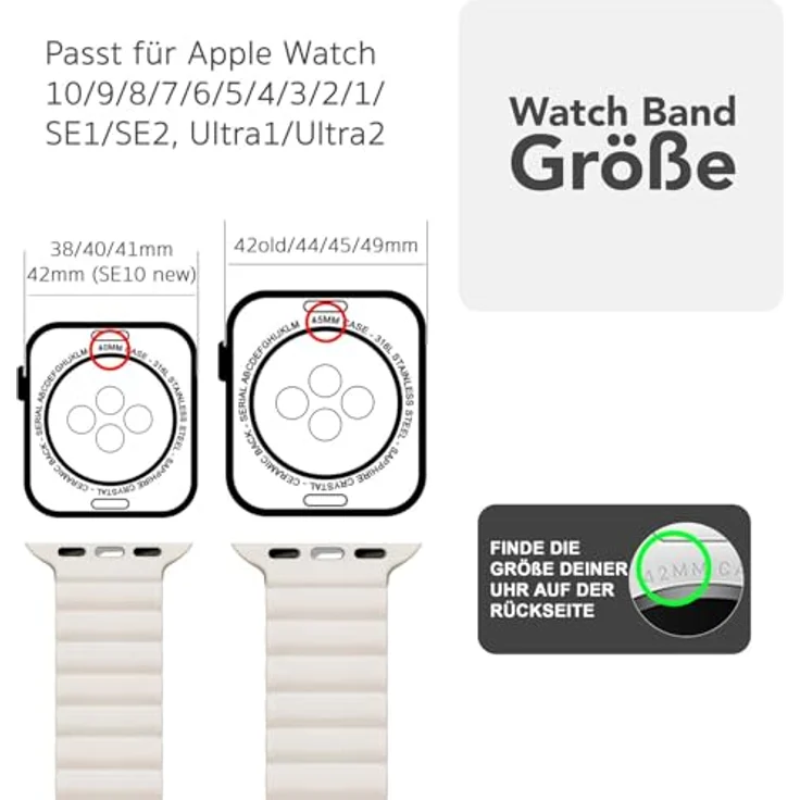 NALIA Core Magnet Armband für Apple Watch SE & iWatch Series 10-1, 38/40/41/42mm, Atmungsaktives Silikon Loop mit Rillen Design, Farbe: Polarstern Sandweiss – Bild 2