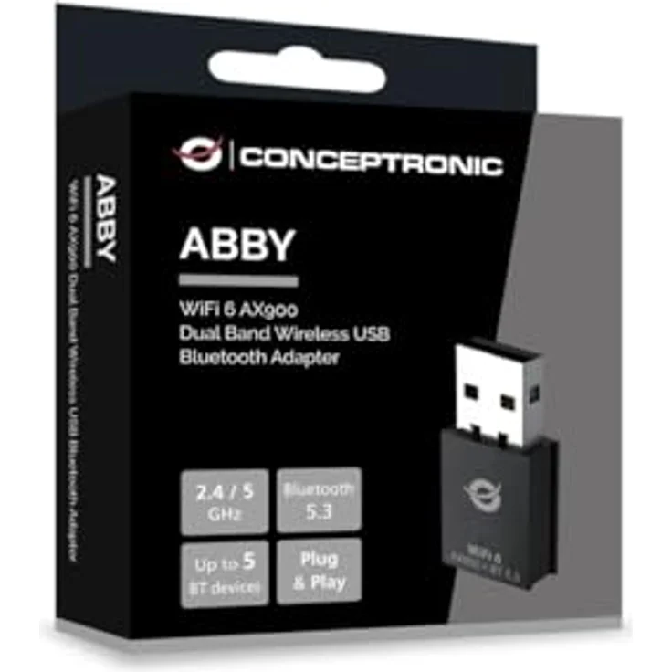 Conceptronic ABBY26B WiFi 6 AX900, Dualband Wireless USB Bluetooth Adapter, 900 Mbit/s, Schwarz – Bild 3