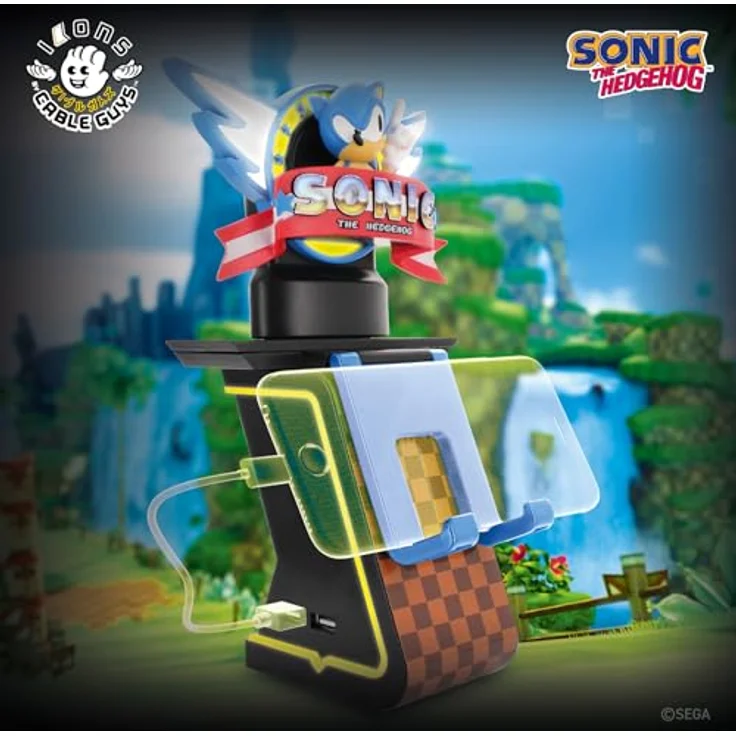Cable Guys Sonic the Hedgehog IKON, 20 cm Light Up Charging Stand mit 2 USB-Schnellladepunkten und R.E.S.T. System, schwarzer Säule mit gelbem LED-Rand – Bild 4