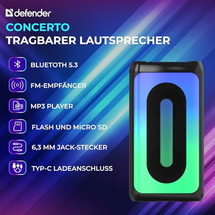 Defender Global Defender Concerto Bluetooth Lautsprecher - Leistungsstarker Boombox mit Bluetooth 5.3, FM-Empfänger, LED-Beleuchtung, Karaoke-Funktion, Tragbar (Schwarz) – Bild 2