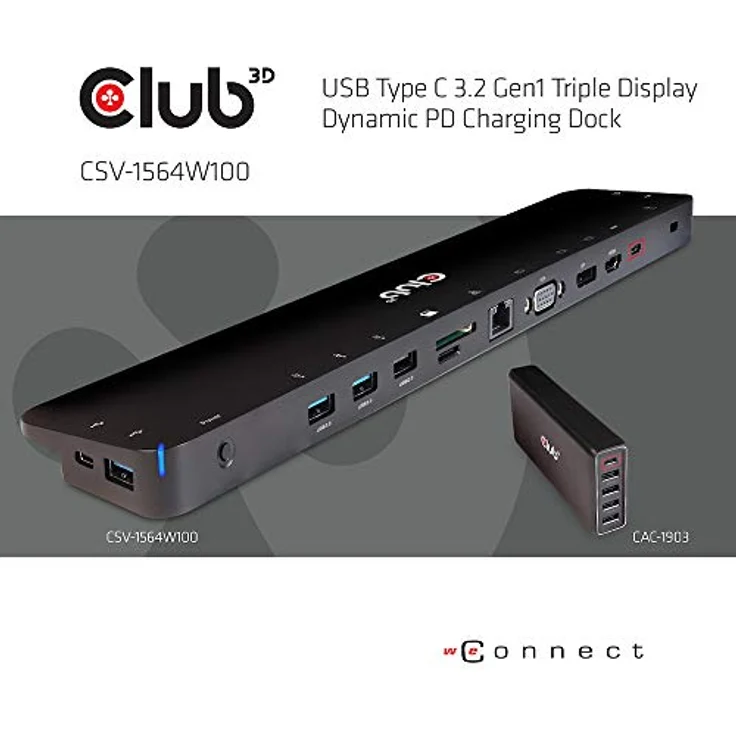 CLUB3D Typ C 3.2 Gen1 Triple Display Dynamic PD Charging Dock 100W PD Ladegerät CSV-1564W100 Schwarz – Bild 3