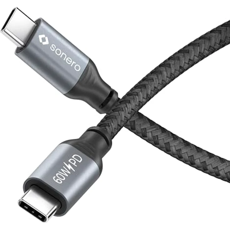 Sonero USB-C auf USB-C Ladekabel, Schnellladekabel, 60W PD, grau/schwarz – Bild 1