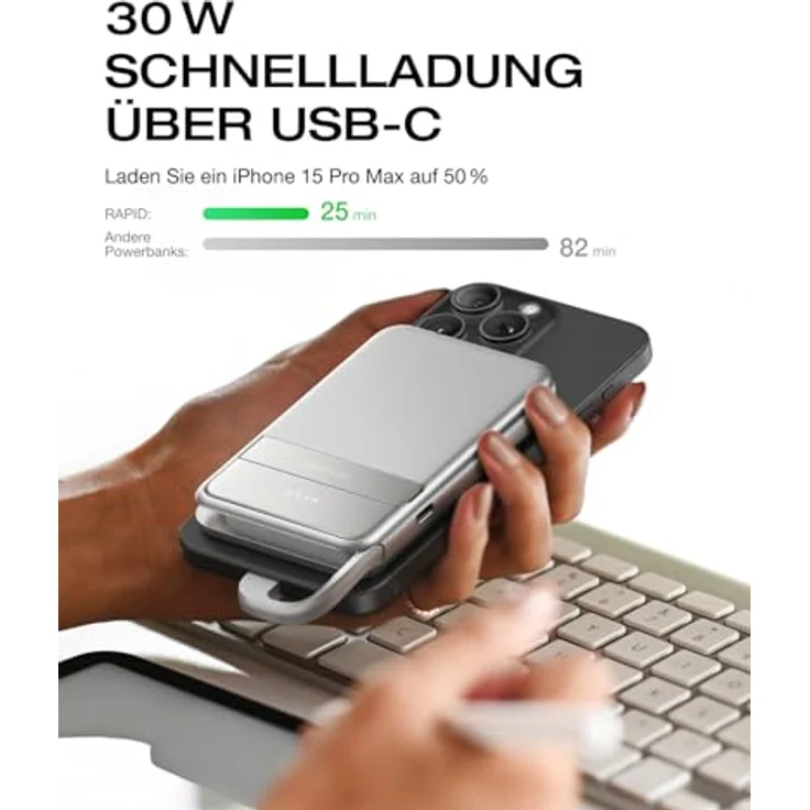 EF ECOFLOW Rapid Magnetische Powerbank 5000 mAh Silber, kabelloses tragbares Ladegerät, 30 W Schnellladender Batteriepack mit USB-C-Kabel, kompatibel für iPhone 16/15/14/13/12 Serie – Bild 3