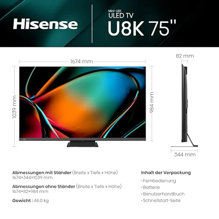 Hisense 75U8KQ Mini LED 4K ULED Smart TV - - 190,5 cm (75 Zoll) Dolby Vision IQ & Atmos, 120Hz Panel, Game Mode Pro, UHD AI Upscaler, HDR10+, Bluetooth, Apple AirPlay, Alexa, anthrazit [2023] – Bild 2