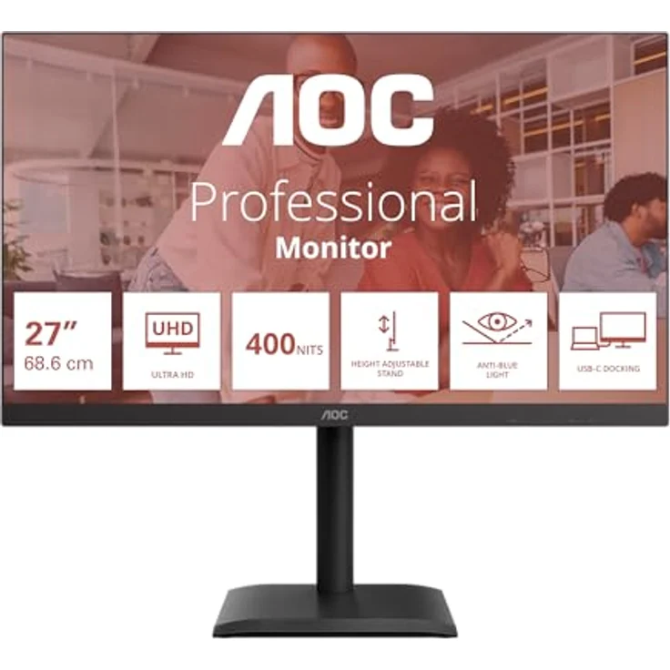 AOC U27E4CV, 27 Zoll UHD-Monitor mit IPS-Panel, 60 Hz, 4 ms GtG, Adaptive Sync, HDR Ready, Höhenverstellung, Lautsprecher, Schwarz – Bild 2