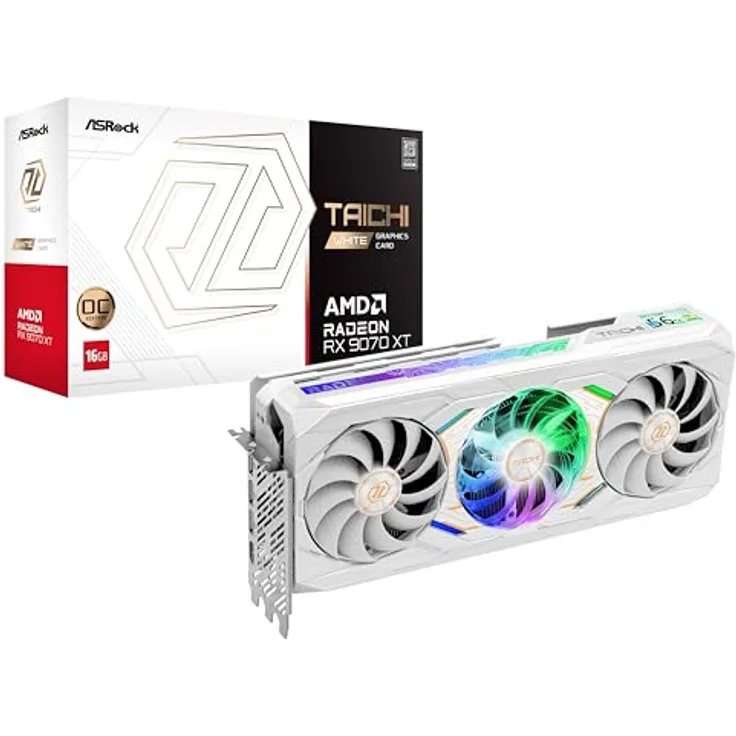 ASRock Radeon RX 9070 XT Taichi White OC, Grafikkarte mit 16GB GDDR6, 3100MHz Boost, fortschrittliches Kühlsystem und anpassbarem LCD-Display
