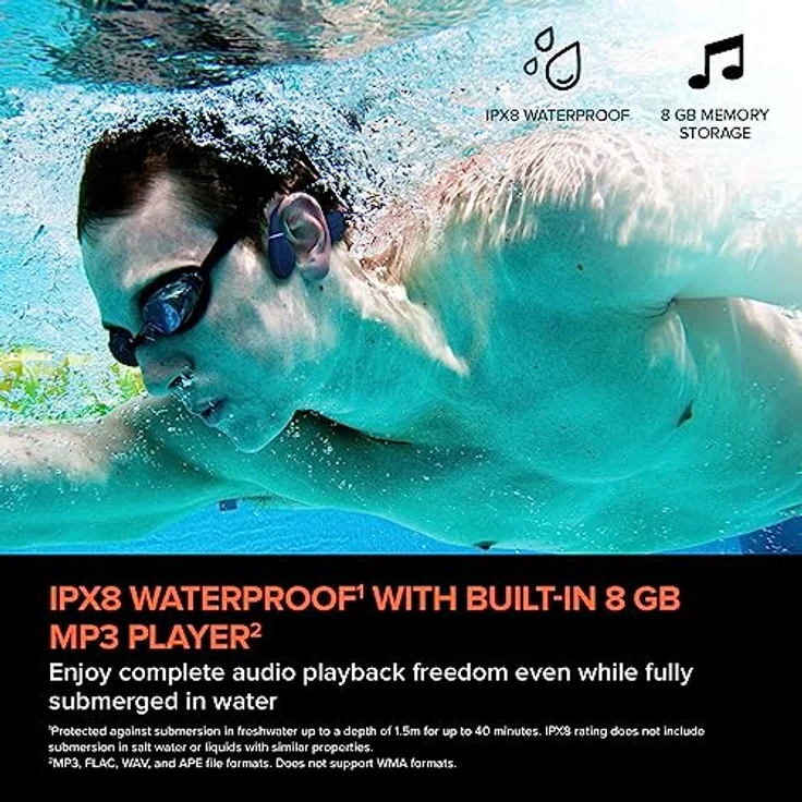 Creative Outlier Free Pro+ kabelloser, wasserdichter Bone-Conduction-Kopfhörer mit verstellbaren Wandlern, integrierter 8GB MP3, bis zu 10 Stunden Akkulaufzeit, integriertes Mikrofon (Blau und Orange) – Bild 3