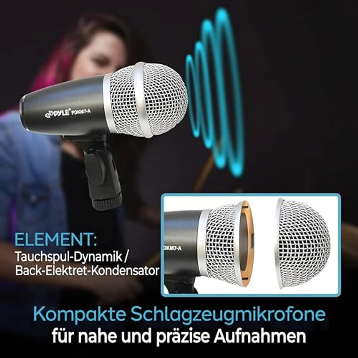 Pyle 7-teiliges Drum Mikrofon Set – Dynamisch & Kondensator, Schwarz/Silber, für Studio und Live mit Koffer, Halterungen und XLR-Anschlüssen – Bild 3