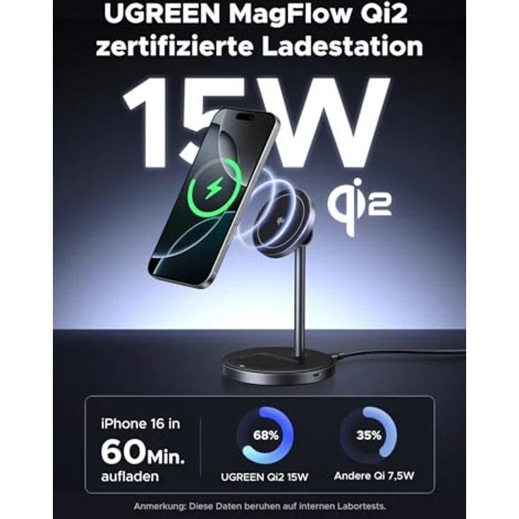 UGREEN MagFlow Qi2 15W iPhone Ladestation, kabelloses Ladegerät MagSafe-Kompatibel, 90° verstellbar, für iPhone 16/15/14/13/12, AirPods 4/3, 1M Kabel – Bild 2