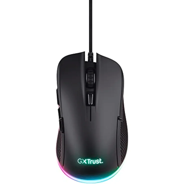 Trust Gaming GXT 922 Ybar Gaming Maus, 68% Recycelten Materialien, RGB LED-Beleuchtung, 6 Programmierbare Tasten, 200-7200 DPI, USB Kabel 2,1 m, PC Maus mit Software für Computer/Laptop - Schwarz – Bild 1