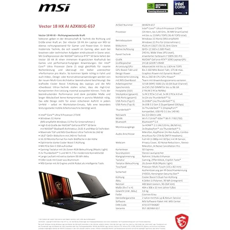 MSI Vector 18 HX AI A2XWJG-657, 18" QHD+ 240Hz Laptop, Intel Core Ultra 9 275HX, 32GB DDR5 RAM, 2TB SSD, NVIDIA GeForce RTX 5090, grau, Windows 11 Home – Bild 5