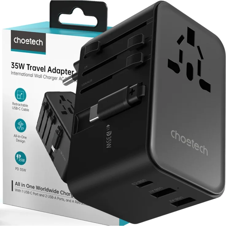 CHOETECH Reiseadapter PD5020, 35W Universaladapter für EU/US/AUS/UK mit integriertem USB-C-Kabel - Schwarz