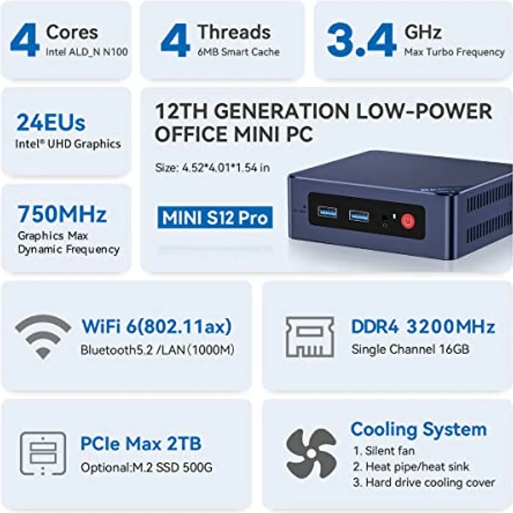 Beelink Mini S12 Mini PC, Intel 12. Prozessor N100 (4C/4T, bis zu 3.4Ghz), 16G DDR4 500G PCIe SSD Mini Computer W11 Pro, LAN 1000M/25W TDP/WiFi 6/BT5.2 für Zuhause/Büro – Bild 2