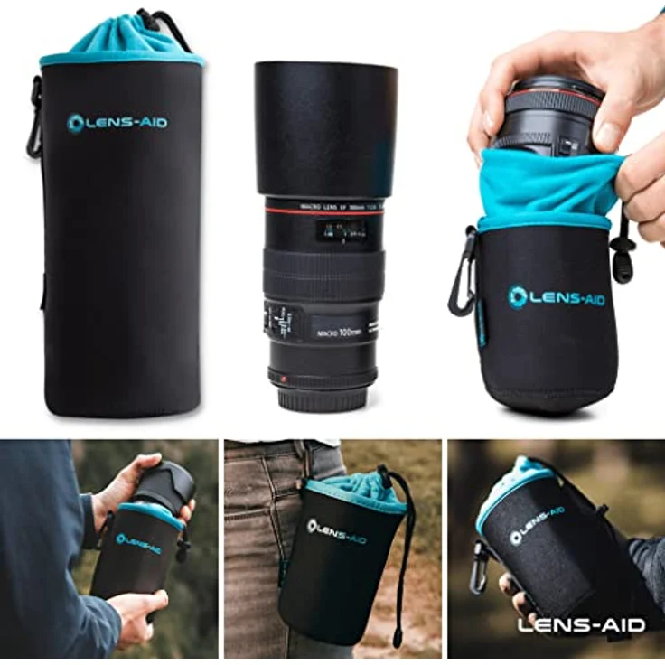 LENS-AID Neopren Objektivbeutel mit Fleece-Fütterung als Set oder einzeln Objektivtasche BZW. Köcher als Schutz für Objektiv, Blitz, Monitor, Kamera-Zubehör – Bild 2