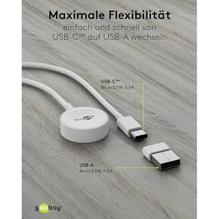 goobay Apple Watch Ladekabel USB C 1m / Apple Watch Ultra 2 Ladegerät/Magnet Ladekabel ab Series 2 / Ladestation mit Überladungsschutz, inkl. USB-A Adapter - Effizientes Laden mit induktiver Technologie – Bild 4