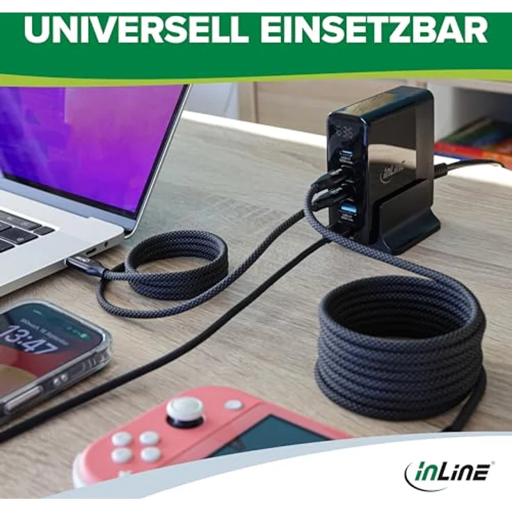 InLine USB-Ladegerät 5-Port GaN 140W Schnellladegerät PD3.0 QC3.0 mit digitalem Display, 3X USB-C + 2X USB-A, Netzteil für iPhone/Pro/Mini, Samsung - Schwarz – Bild 5