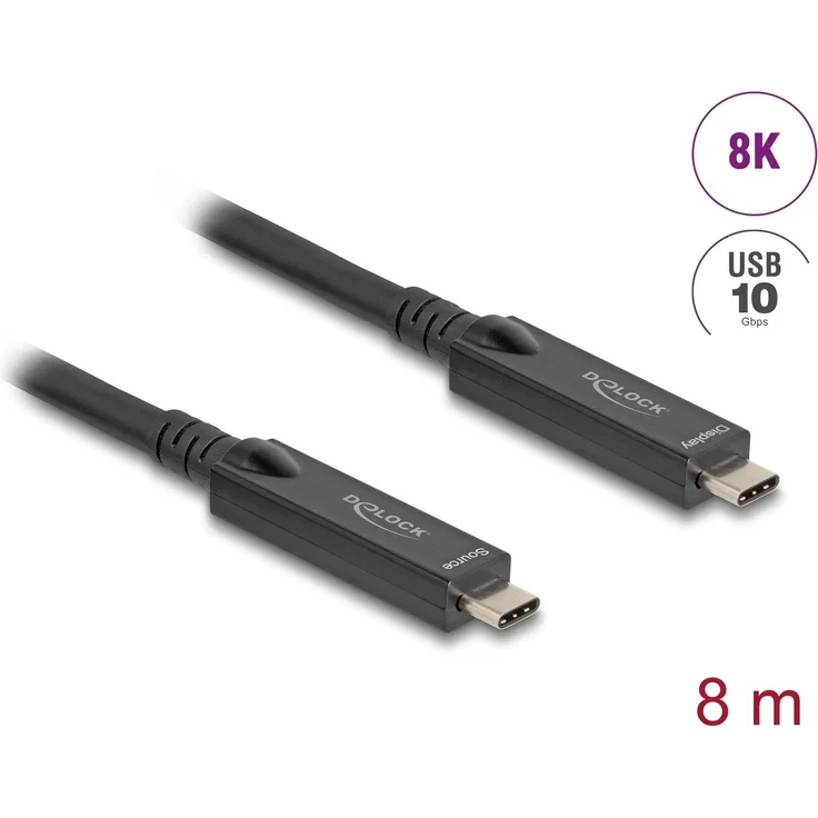 Delock Aktives Optisches USB-C 8K Video + Daten + PD Kabel, 8 m, USB 3.2 Gen 2, 60 W, Schwarz