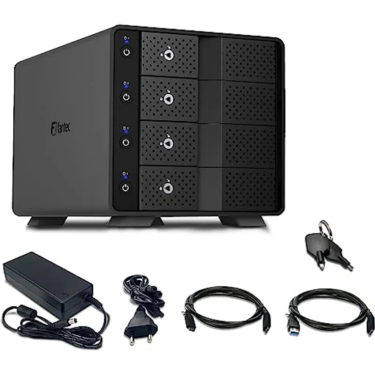 FANTEC MB-X4U31 4fach USB3.2 Gen2 Festplattengehäuse für 4X SATA 3,5/2,5 Zoll SSDs und HDDs, Transferraten bis 10Gbit/sec, kein Werkzeug nötig, 2X USB Kabel. Aluminiumgehäuse schwarz – Bild 4