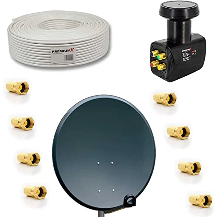 Premium X Satelliten-Komplettanlage, 80cm Aluminium Satellitenschüssel in Anthrazit, Quad LNB für bis zu 4 Teilnehmer, 50m Kabel, HD/UHD 4K – Bild 1