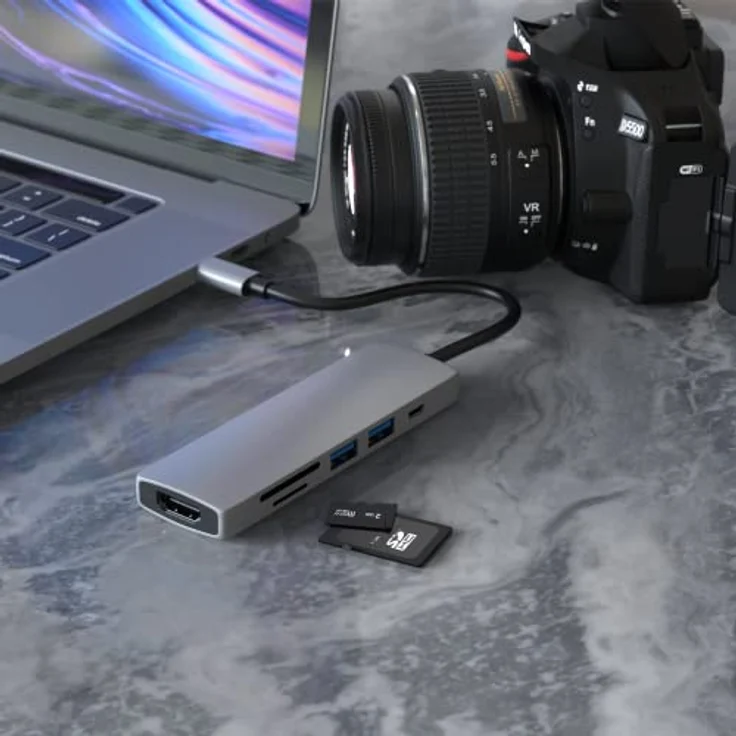 Redstar24 USB C HUB 6 in 1 Adapter Multiport USB C mit HDMI 4K, USB 3.0, SD/TF Kartenleser Micro SD 55W PD | kompatibel für TV MacBook Pro, Air, iPad Pro, Samsung | Laptop und mehr Typ C Geräte – Bild 3