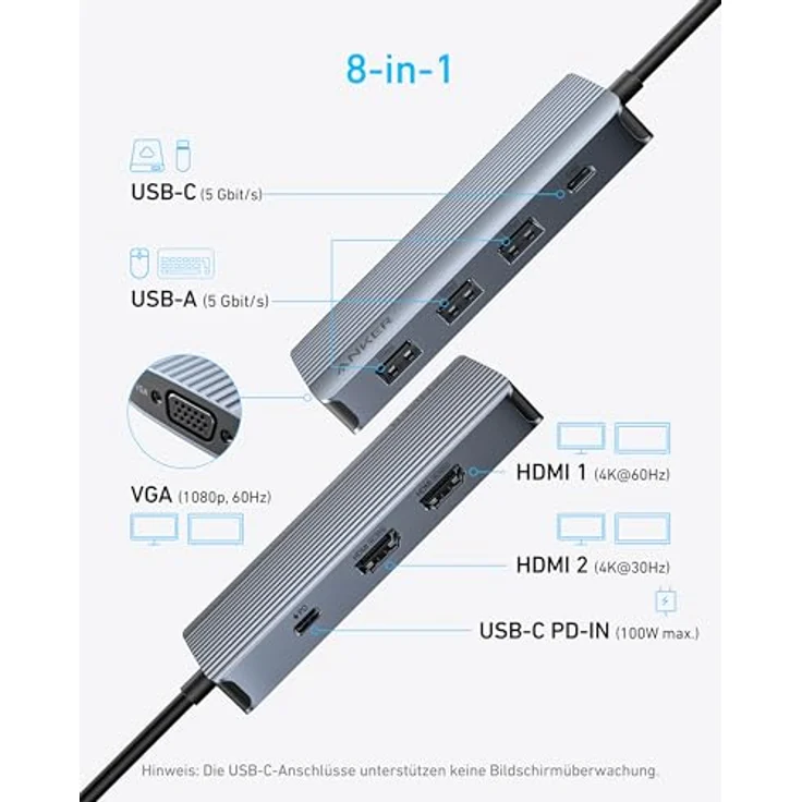 Anker 8-in-1 USB-C Hub, Triple Display Dockingstation mit 2 HDMI, VGA, 5 Gbit/s Datenübertragung für MacBook Air/Pro, Dell XPS, iPad Pro und mehr – Bild 2