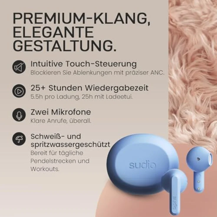 sudio A3 True Wireless Kopfhörer, Kabellos Over Ear mit Bluetooth 5.4, Multipoint Verbindung, Schweiß- & Spritzwassergeschützt, 25h Spielzeit, USB-C Ladecase, Blau – Bild 3