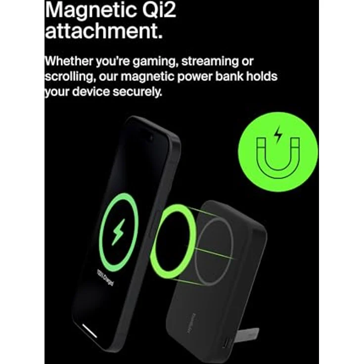 Belkin BoostCharge Pro kabellose Powerbank 8.000 mAh mit Qi2, MagSafe-kompatibles tragbares Ladegerät mit integriertem Ständer – Schwarz – Bild 5