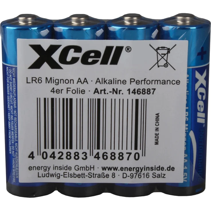 XCell Performance Alkaline LR6 Mignon AA Batterie, 4er Pack, hohe Energiedichte, auslaufsicher, optimale Leistung
